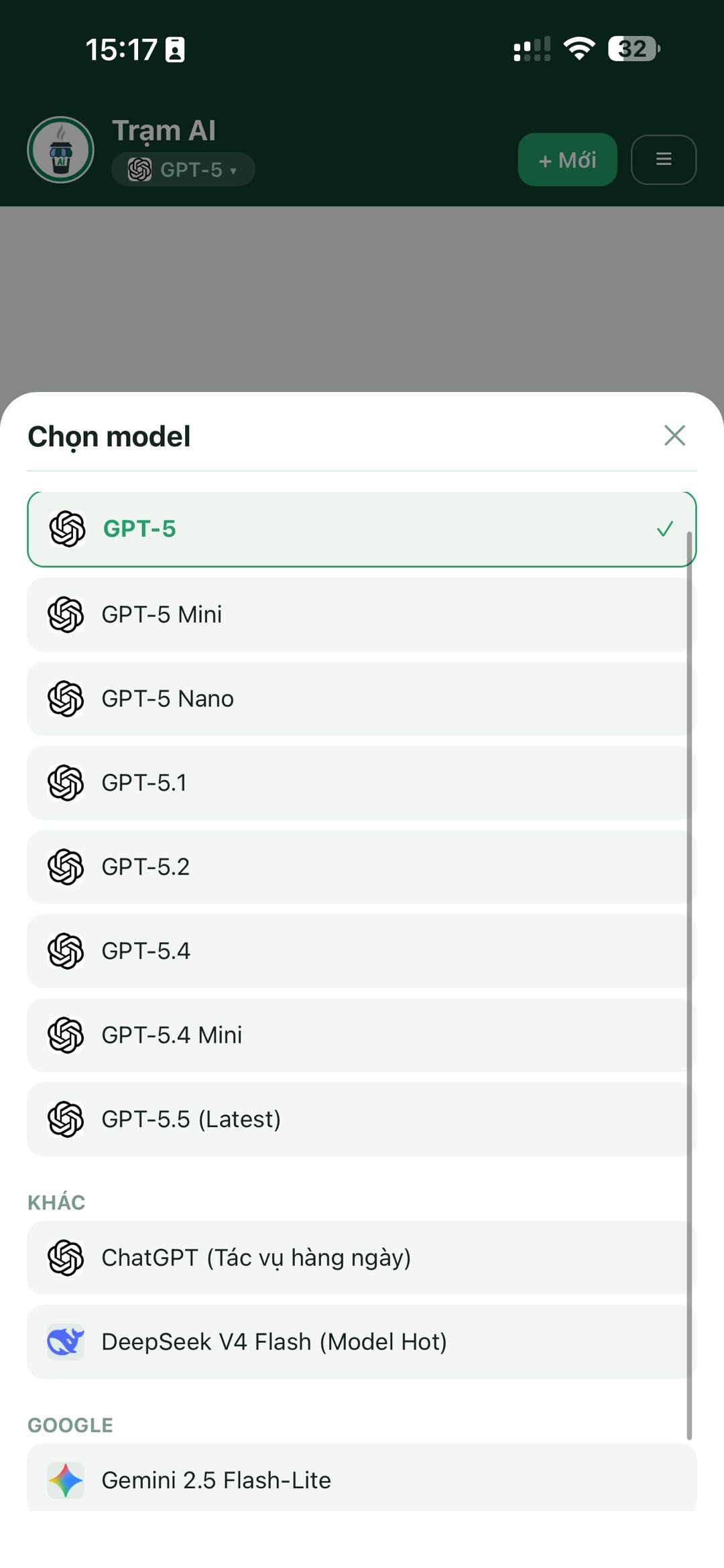 Màn hình chọn model AI trong Trạm AI