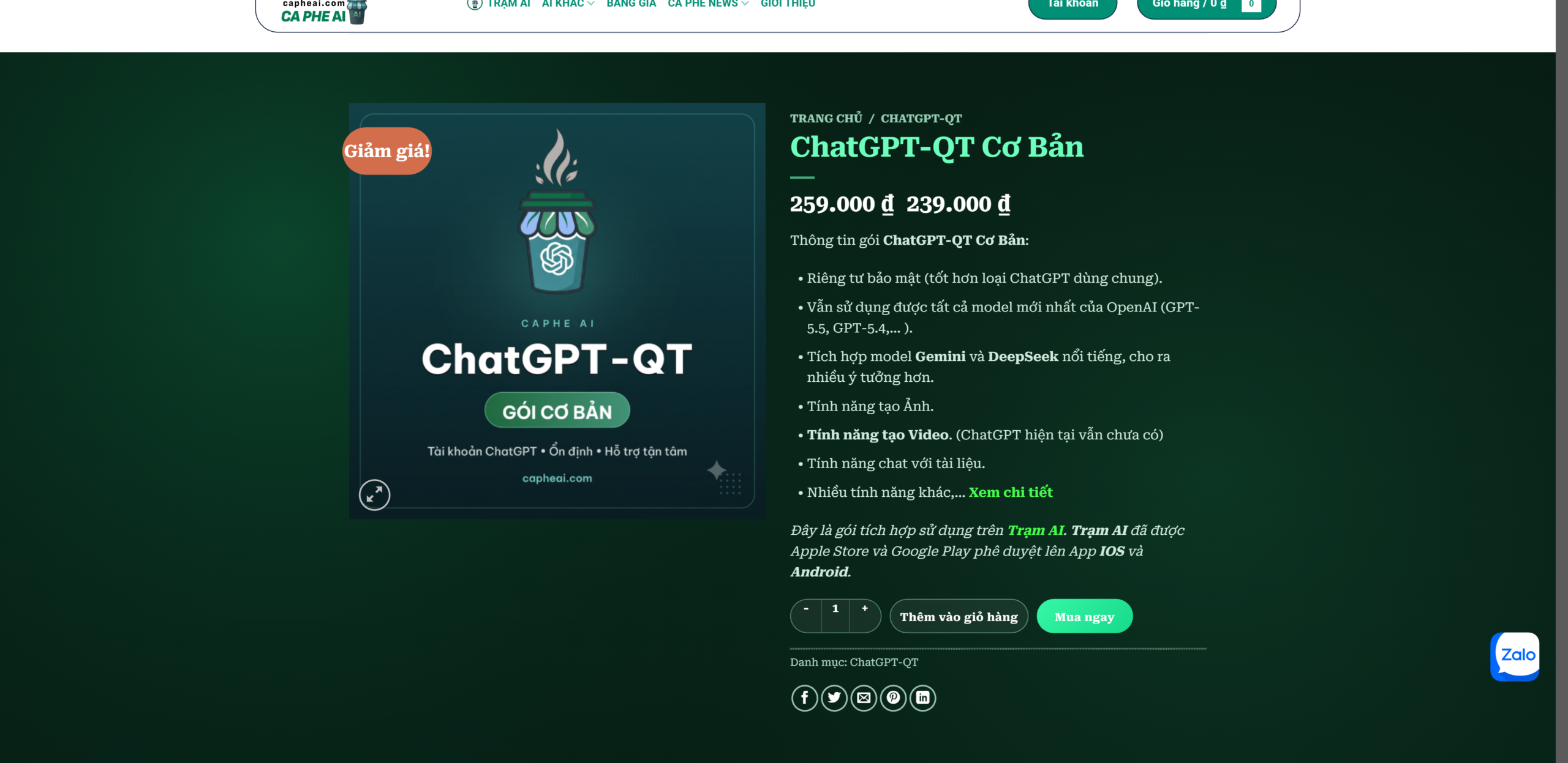 cách mua gói AI: bước 2 xem gói ChatGPT-QT Cơ Bản và bấm Mua ngay