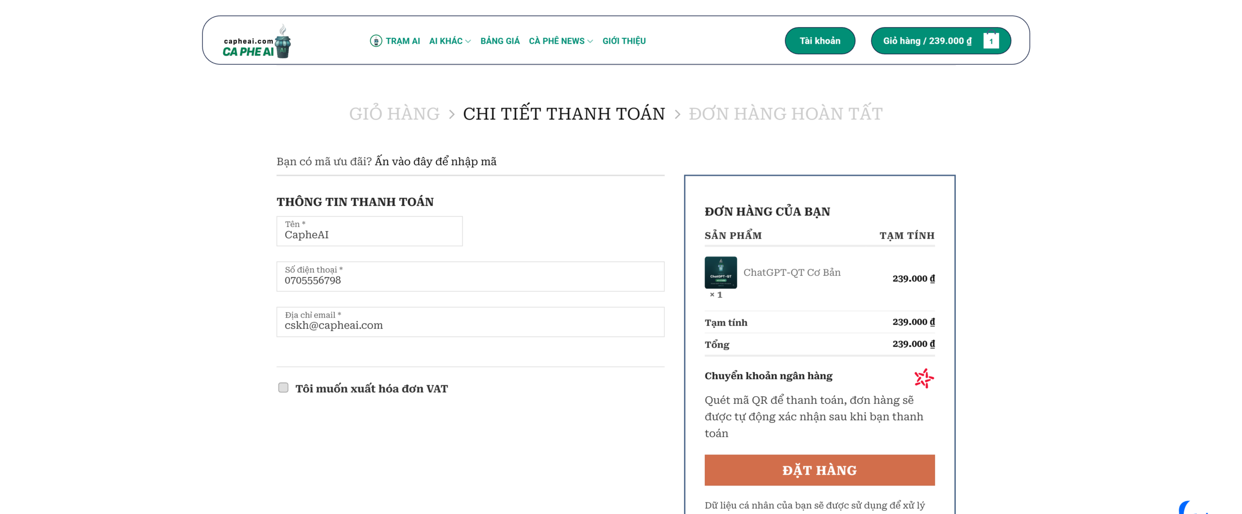 cách mua gói AI: bước 4 điền thông tin đặt hàng và chọn xuất hóa đơn VAT