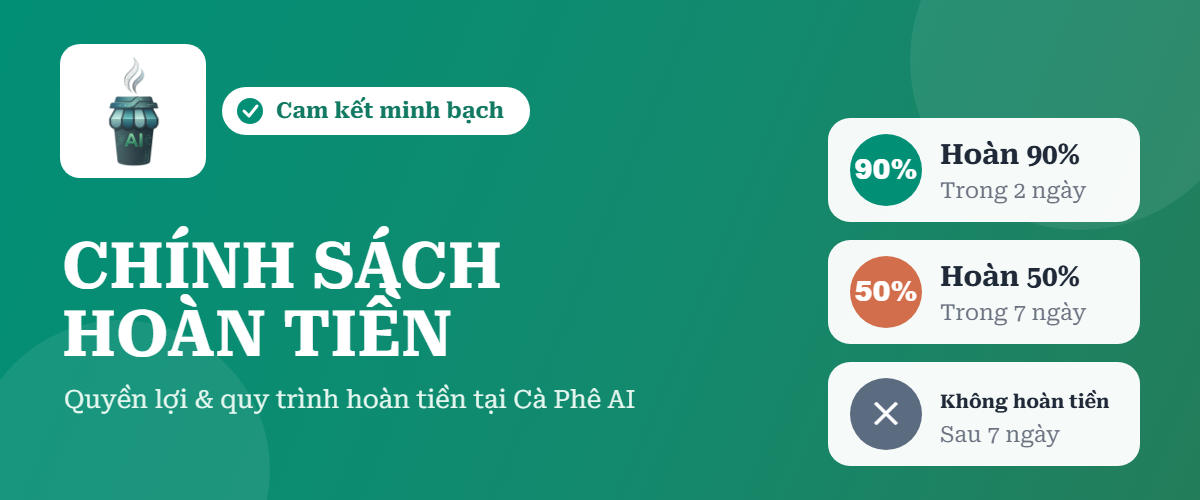 Chính sách hoàn tiền Cà Phê AI: hoàn 90% trong 2 ngày, 50% trong 7 ngày, sau 7 ngày không hoàn