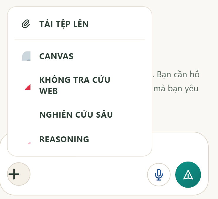 Menu Công cụ Trạm AI: Canvas, Nghiên cứu sâu, Reasoning