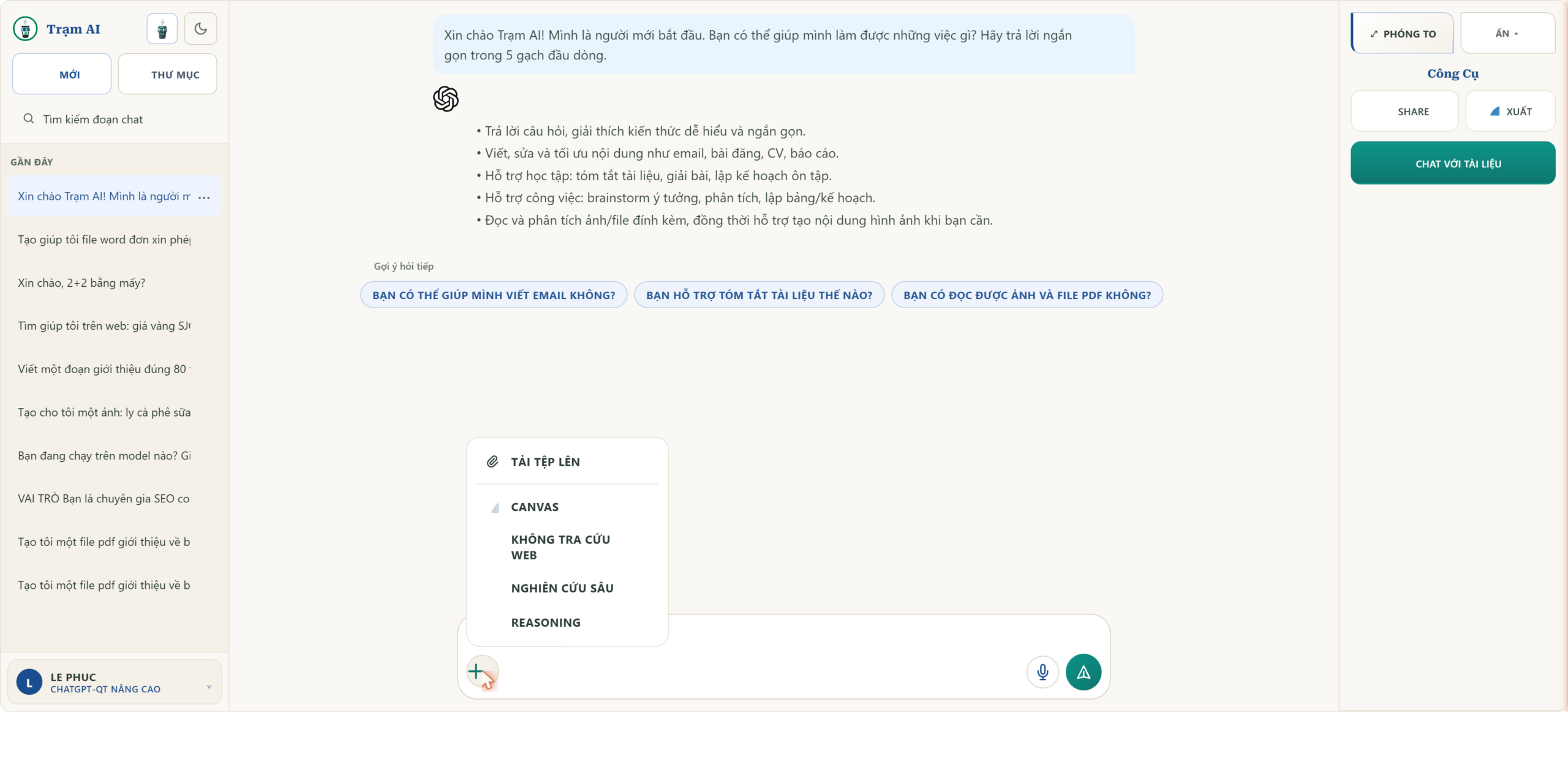 Hướng dẫn sử dụng Trạm AI - công cụ trong khung chat