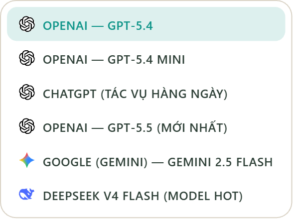 Mẹo dùng Trạm AI: menu chọn model GPT-5.5, GPT-5.4, Gemini, DeepSeek trong khung chat