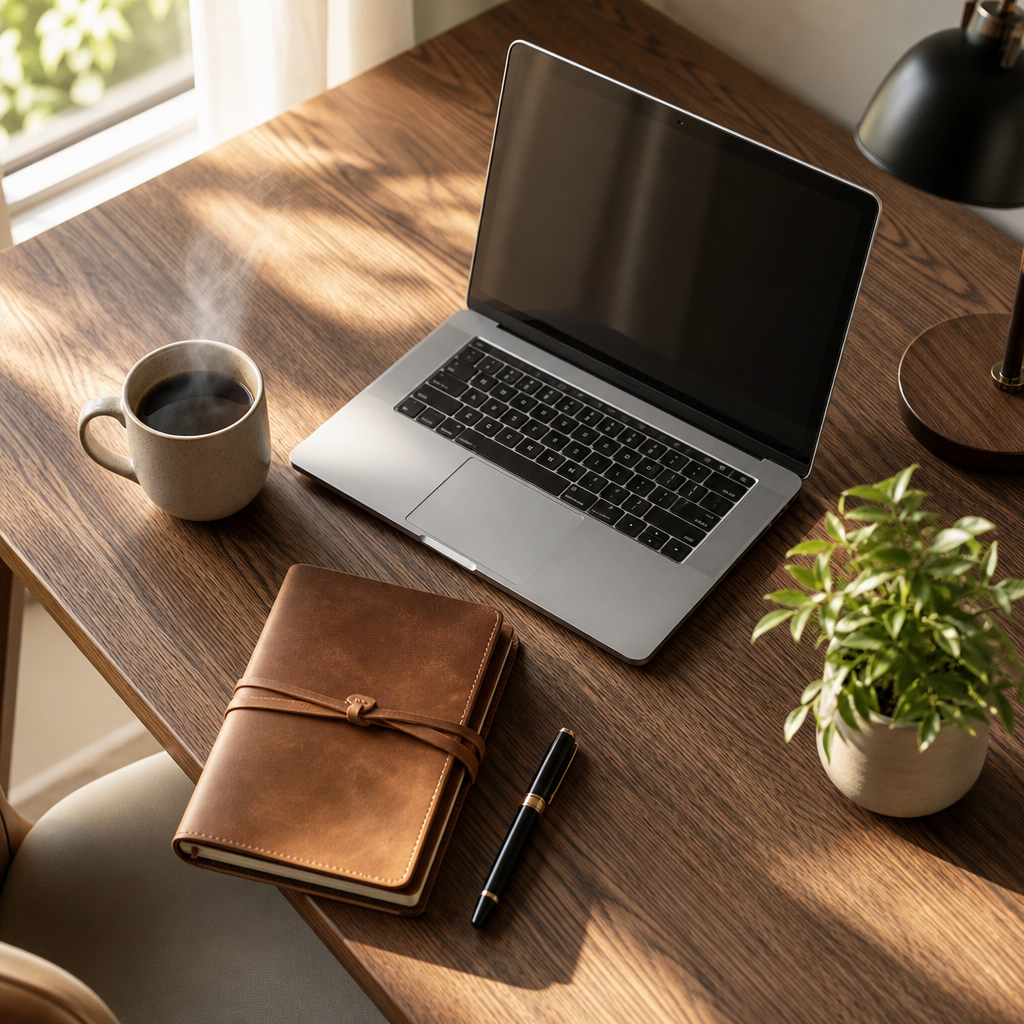 Ảnh AI tạo trên Trạm AI: góc làm việc với laptop và ly cà phê