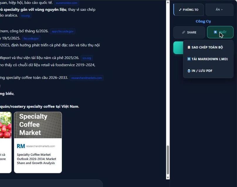 Xuất đoạn chat Trạm AI ra Markdown, PDF hoặc sao chép toàn bộ