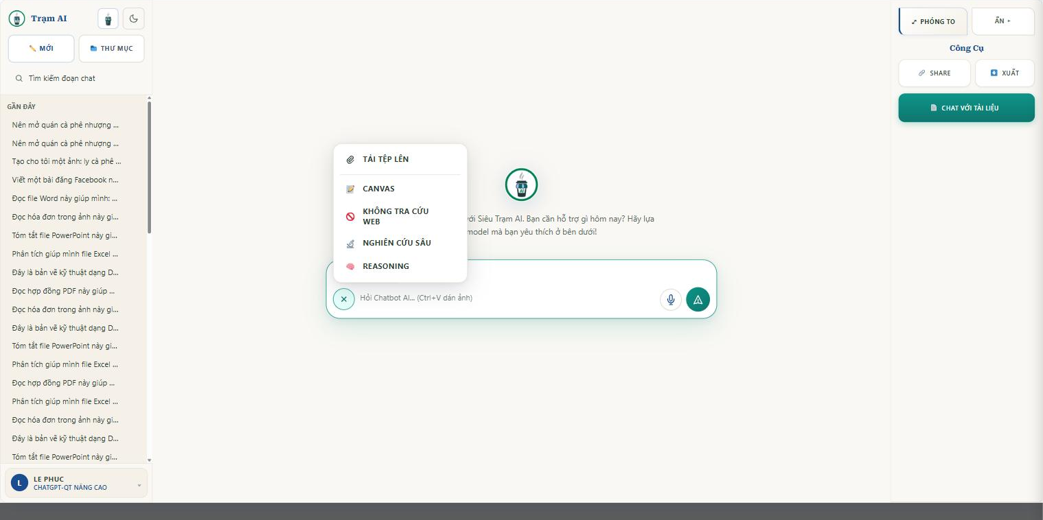 Menu bật Nghiên cứu sâu và Reasoning trên Trạm AI