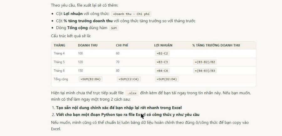 Xuất công thức Excel trên ChatGPT-QT